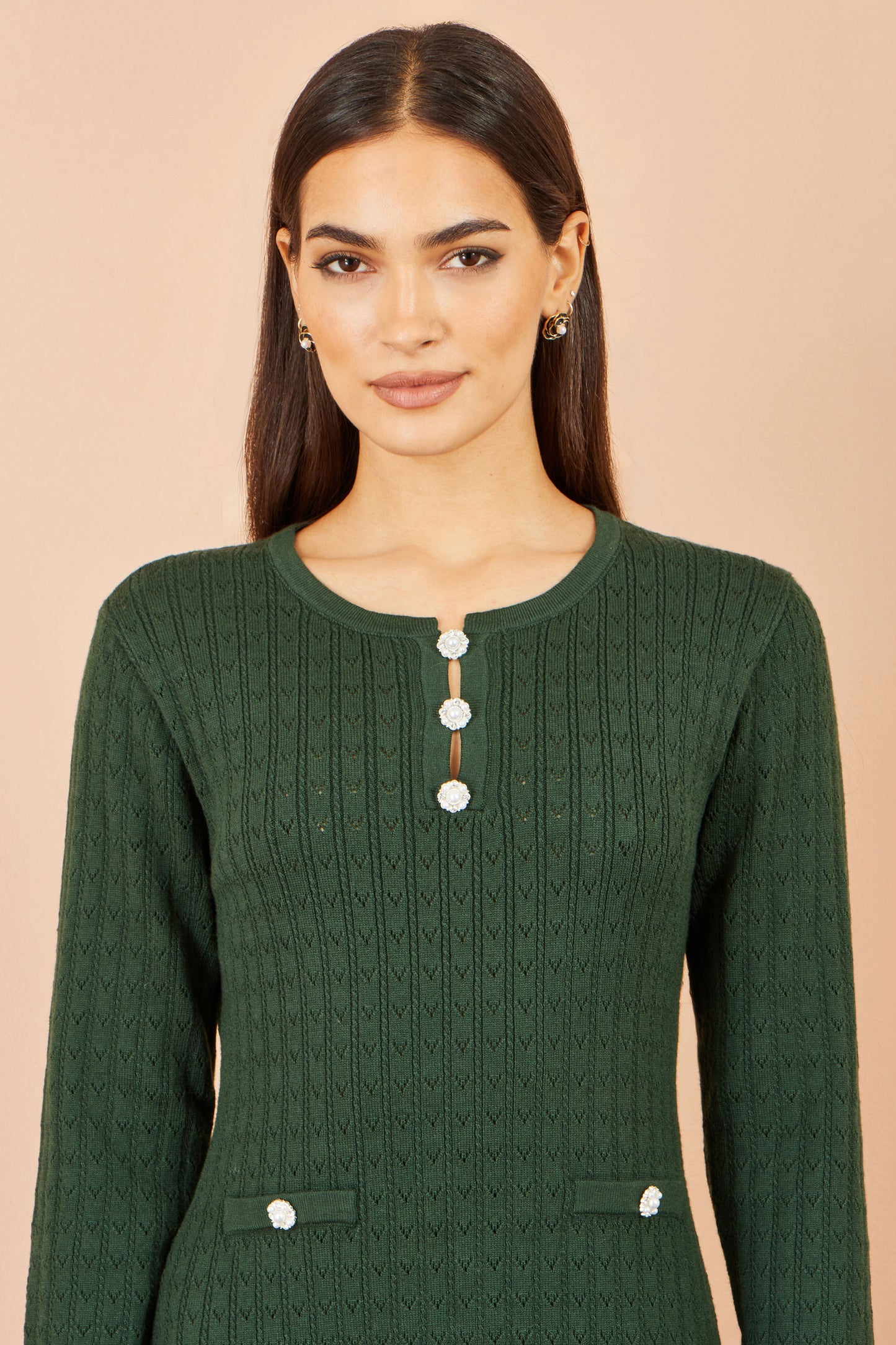 Yumi Green Viscose Knitted Midi Dress With Buttons Knit Dress Yumi