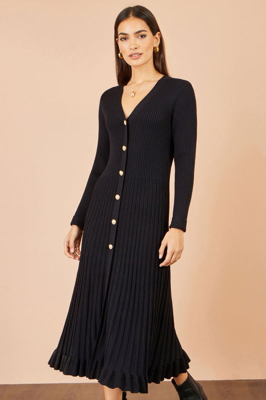 Yumi Black Viscose Knitted Midi Ribbed Dress Knit Dress Yumi