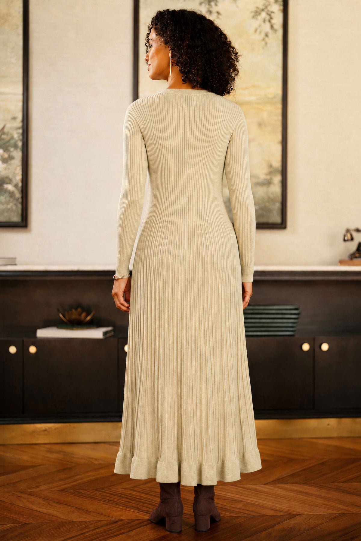 Yumi Beige Viscose Knitted Midi Ribbed Dress Knit Dress Yumi