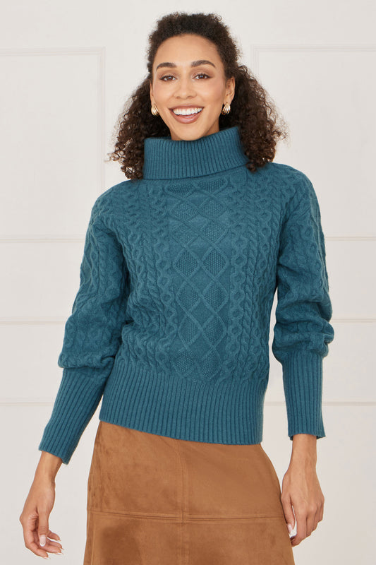 Yumi Teal Cable Knit Roll Neck Jumper Knit Jumper Yumi
