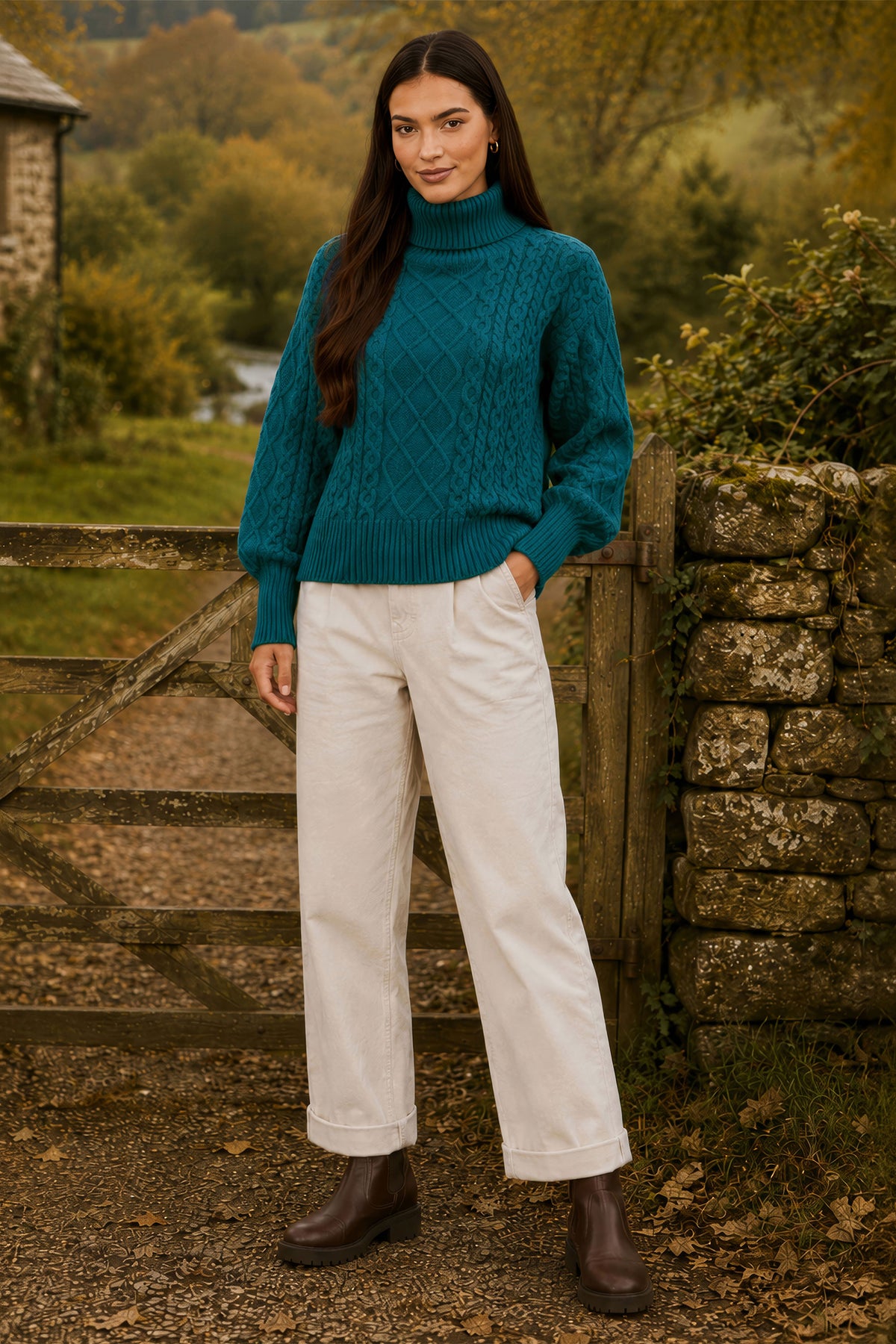 Yumi Teal Cable Knit Roll Neck Jumper