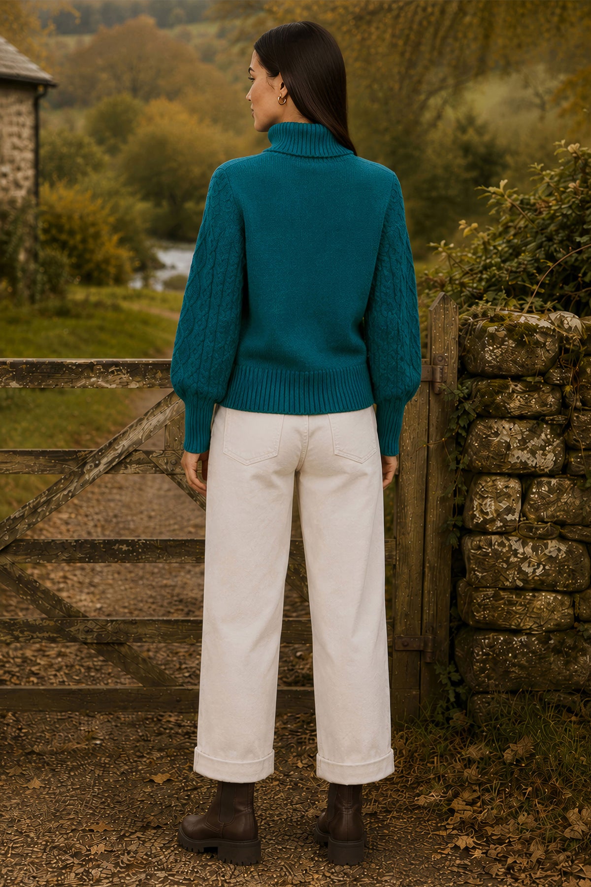 Yumi Teal Cable Knit Roll Neck Jumper