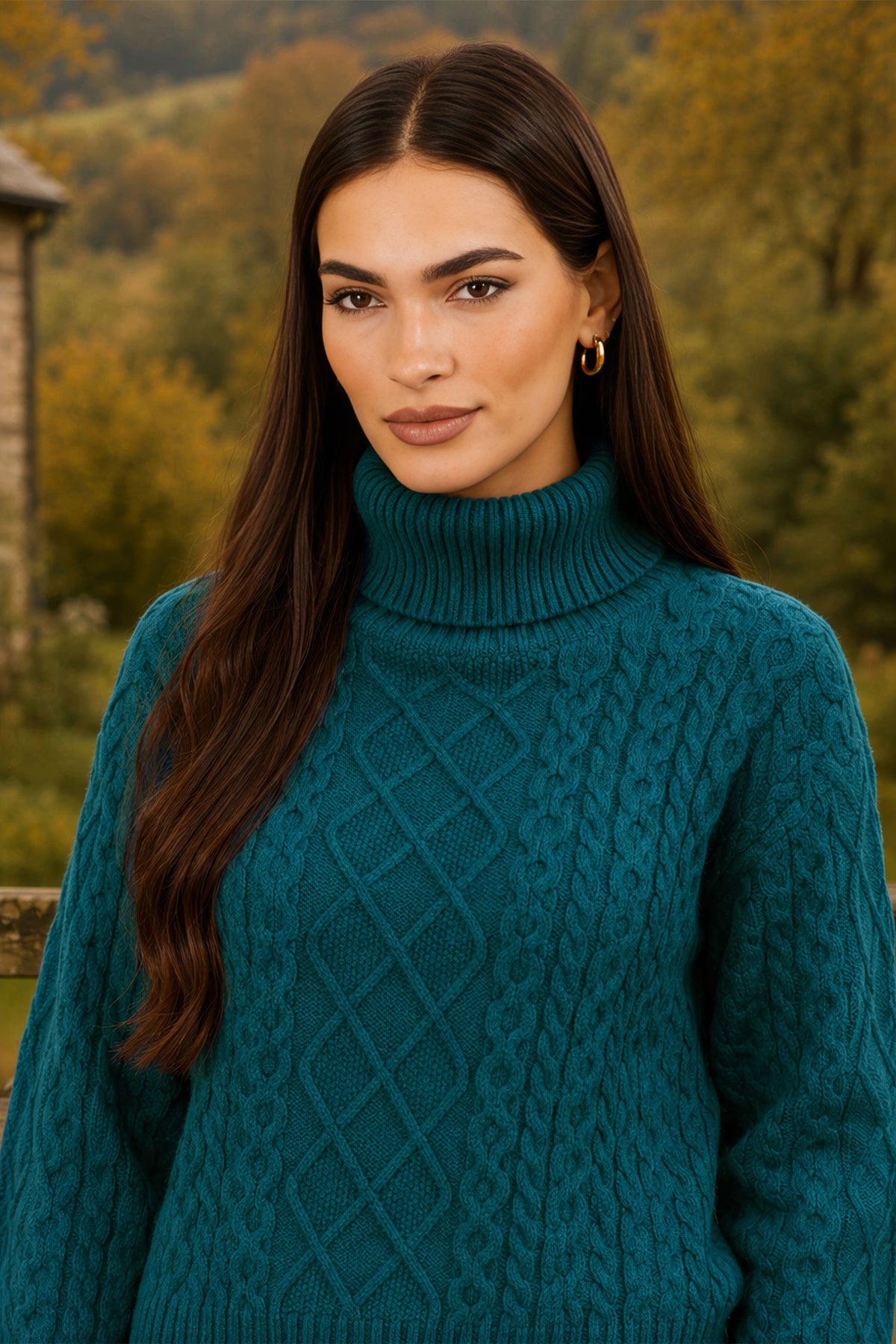Yumi Teal Cable Knit Roll Neck Jumper