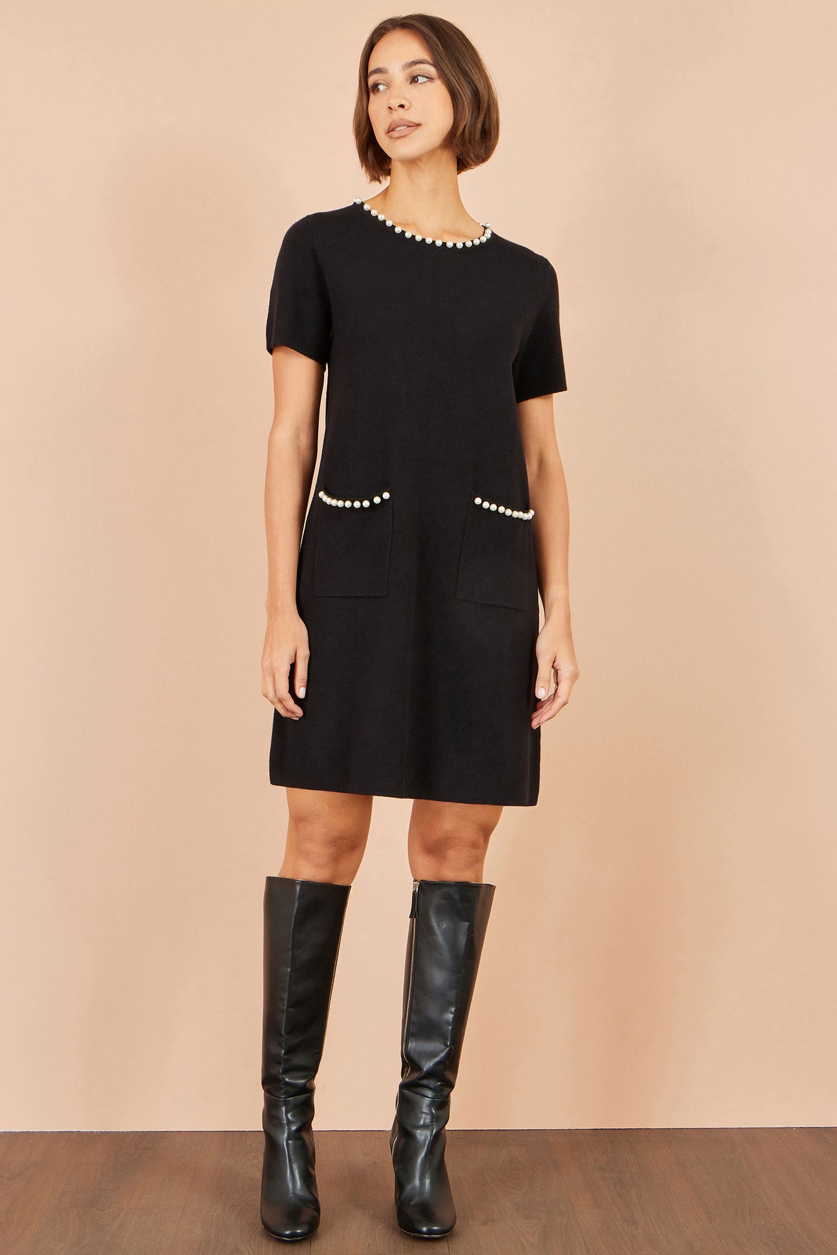 Yumi Black Pearl Detail Knitted Tunic Knit Dress Yumi