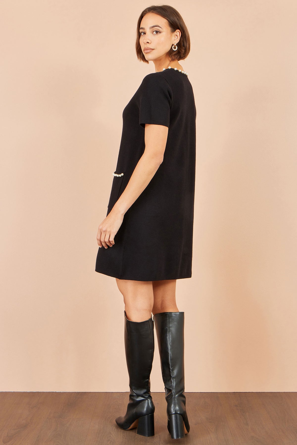 Yumi Black Pearl Detail Knitted Tunic Knit Dress Yumi
