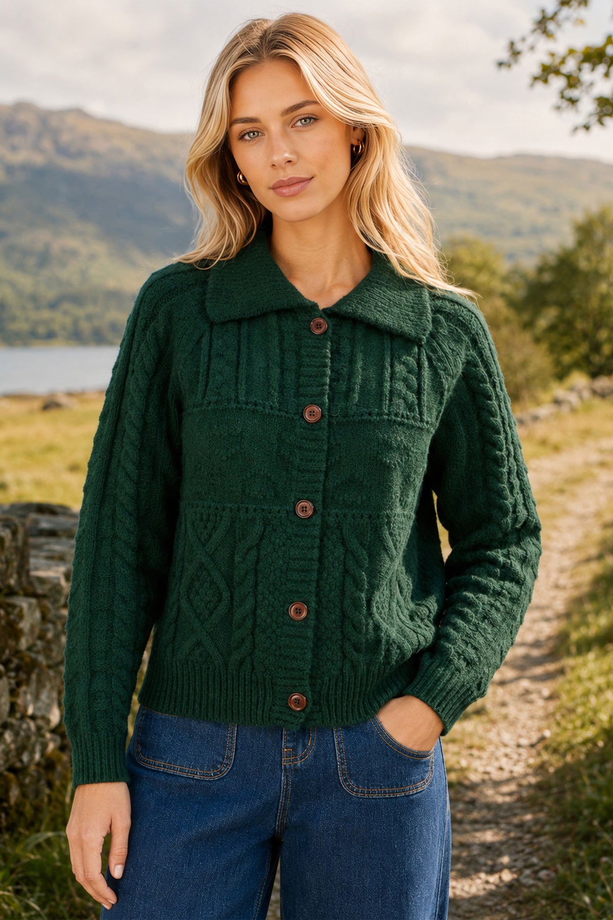 Yumi Green Cable Knit Boxy Jacket Knit Cardigan Yumi