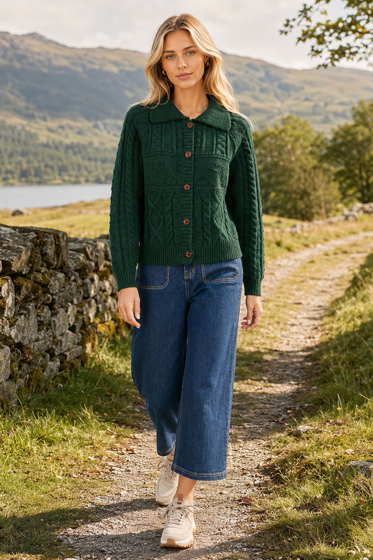Yumi Green Cable Knit Boxy Jacket Knit Cardigan Yumi