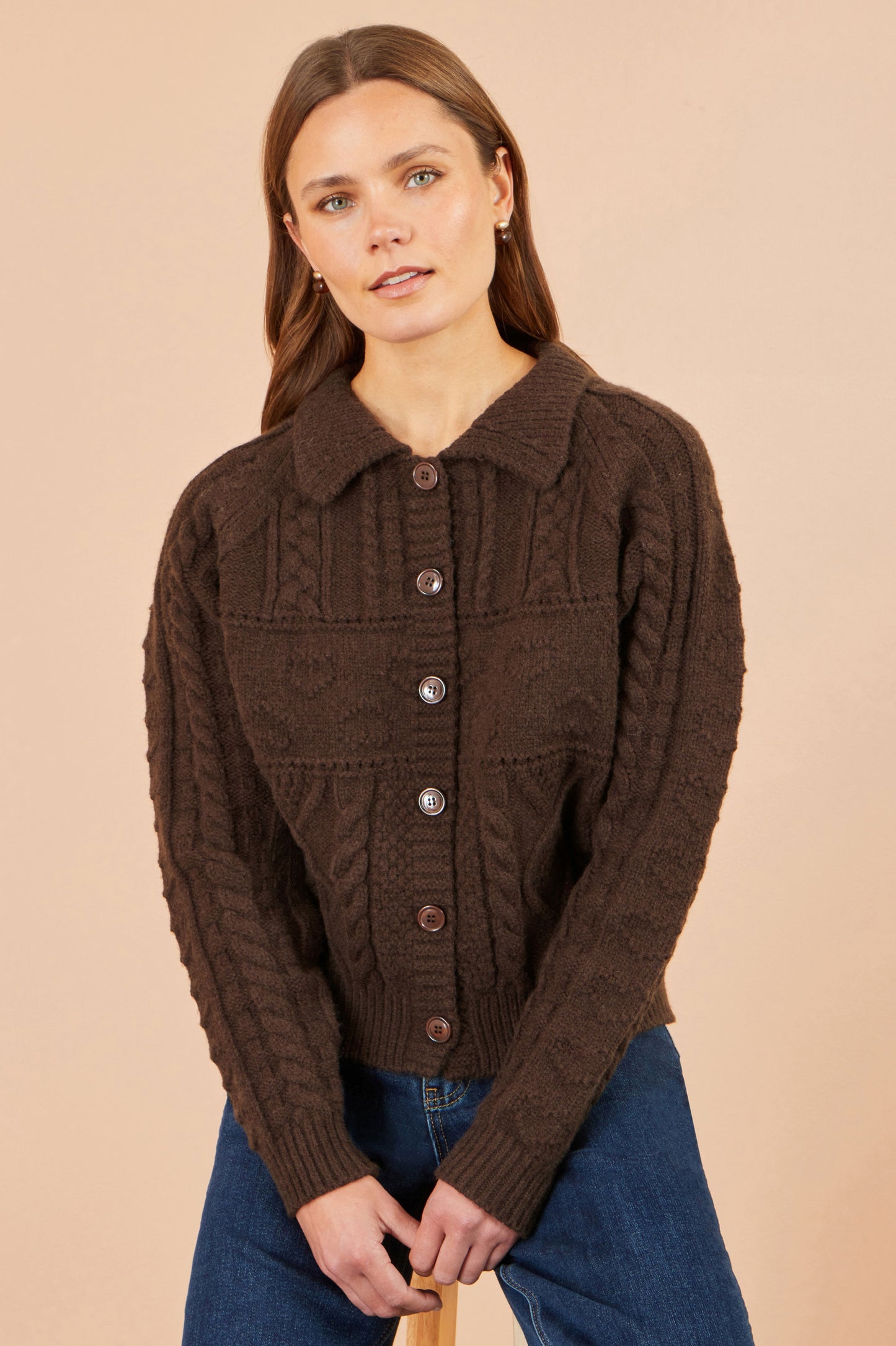 Yumi Brown Cable Knit Boxy Jacket Knit Cardigan Yumi