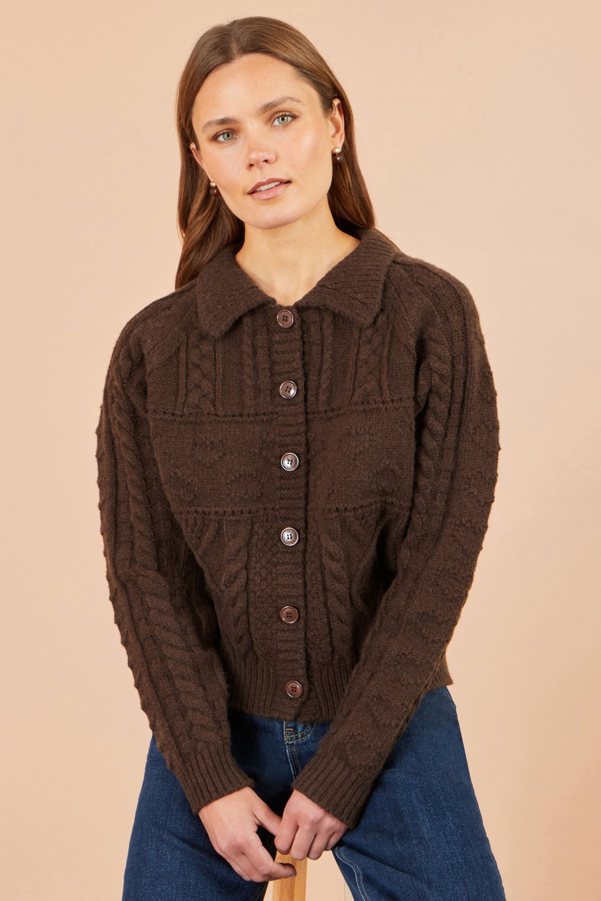 Yumi Brown Cable Knit Boxy Jacket Knit Cardigan Yumi