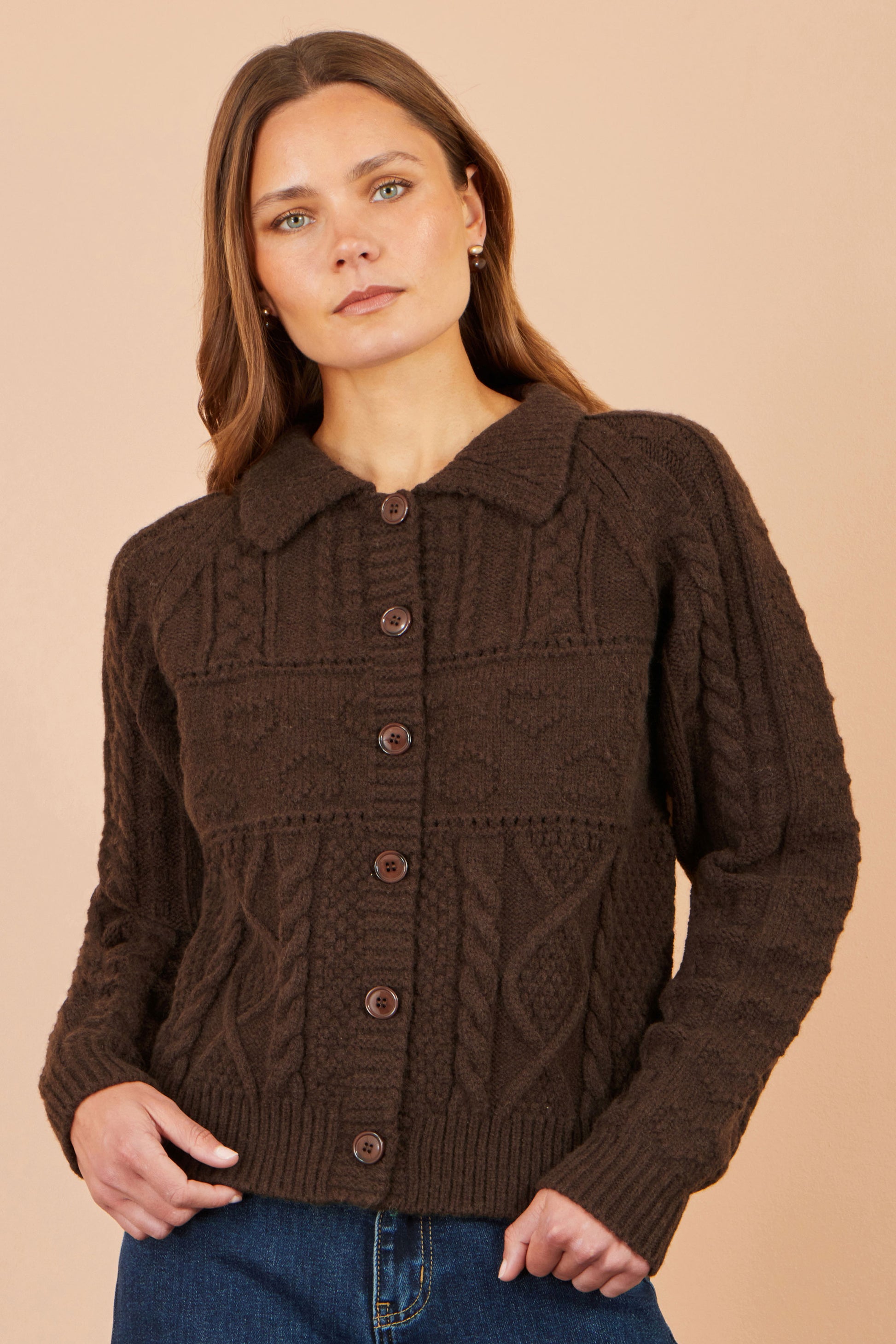 Yumi Brown Cable Knit Boxy Jacket Knit Cardigan Yumi