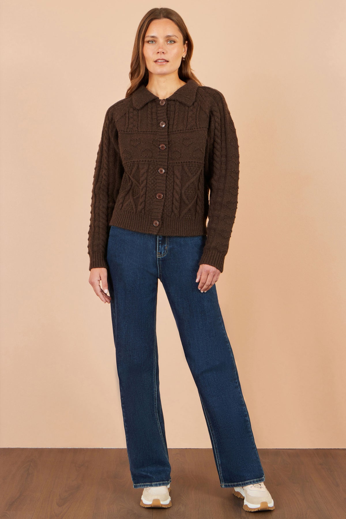 Yumi Brown Cable Knit Boxy Jacket Knit Cardigan Yumi