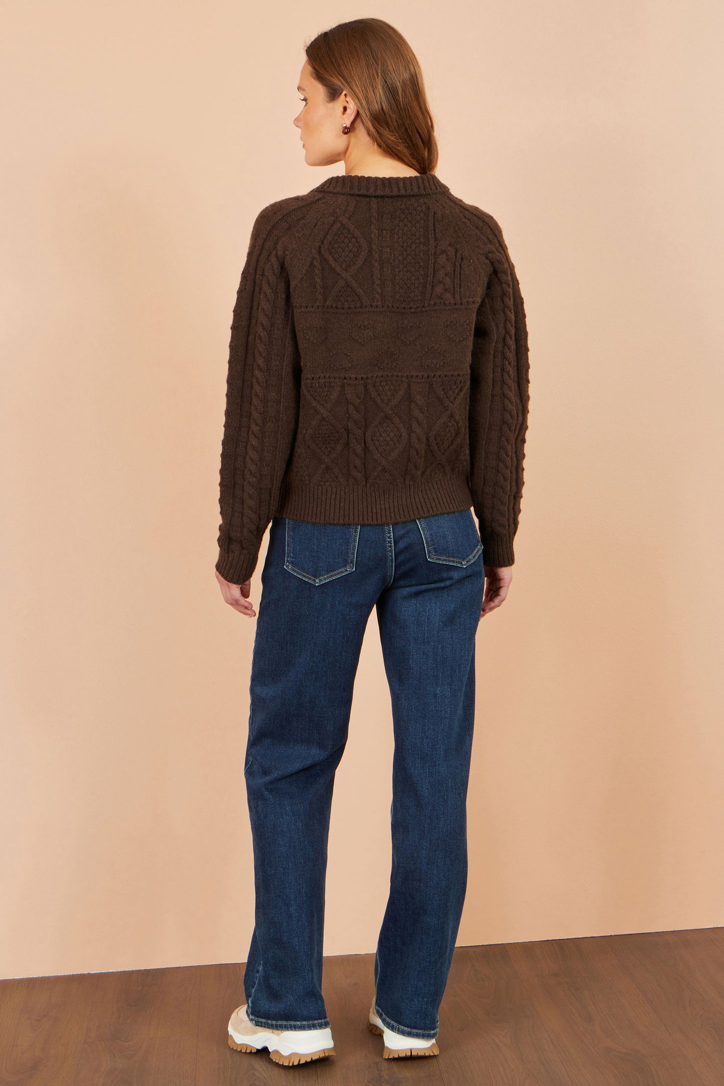 Yumi Brown Cable Knit Boxy Jacket Knit Cardigan Yumi
