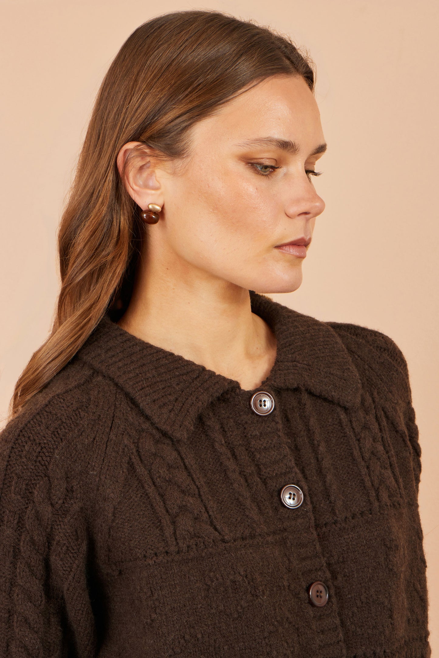 Yumi Brown Cable Knit Boxy Jacket Knit Cardigan Yumi
