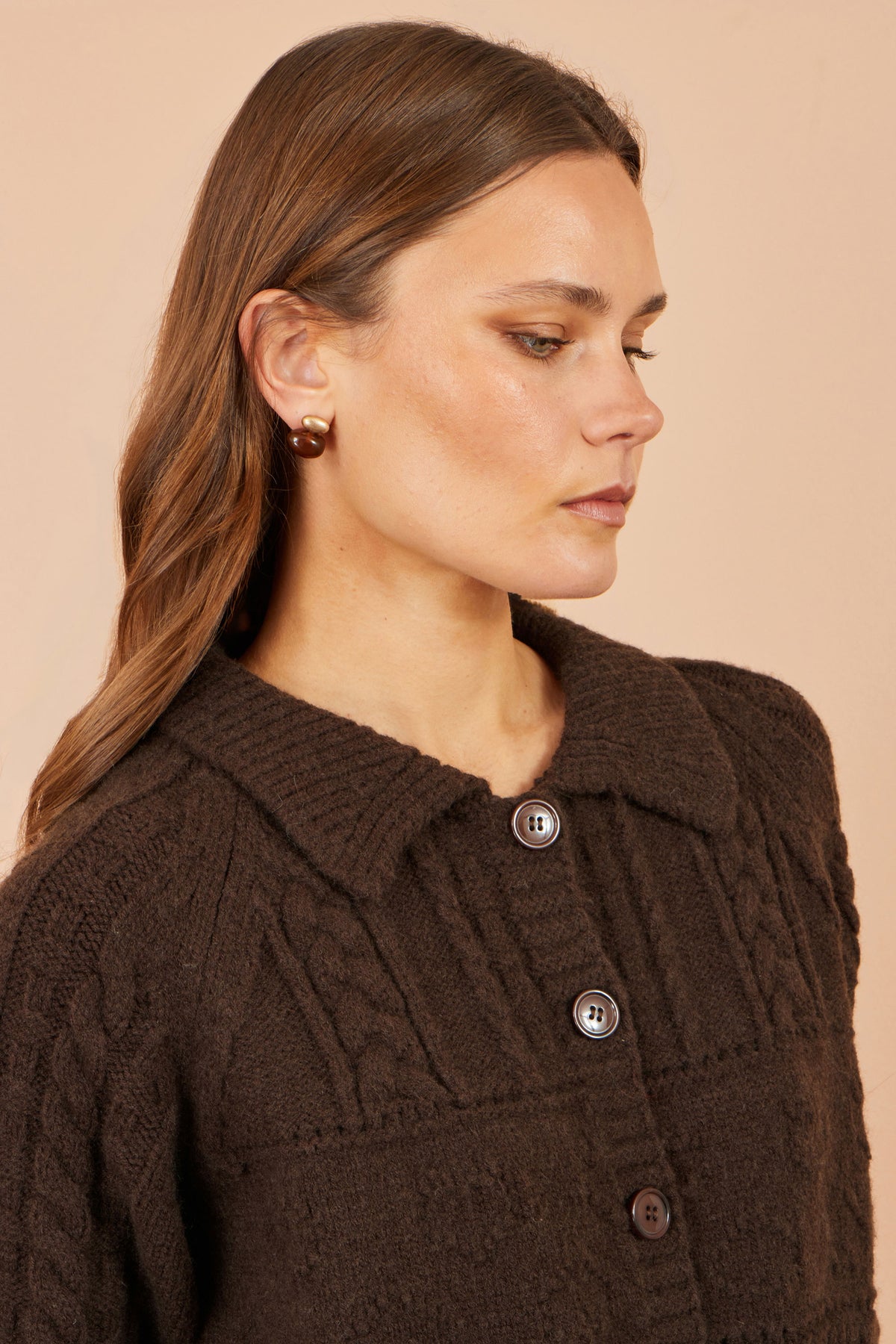 Yumi Brown Cable Knit Boxy Jacket Knit Cardigan Yumi