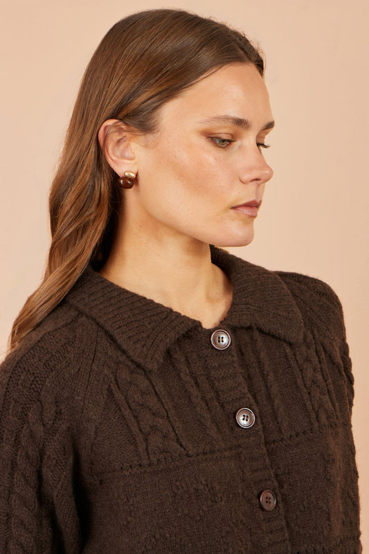 Yumi Brown Cable Knit Boxy Jacket Knit Cardigan Yumi