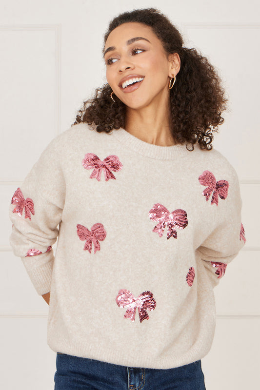 Yumi Ivory Relaxed Jumper With Sequin Bows Knit Xmas Jumper Yumi