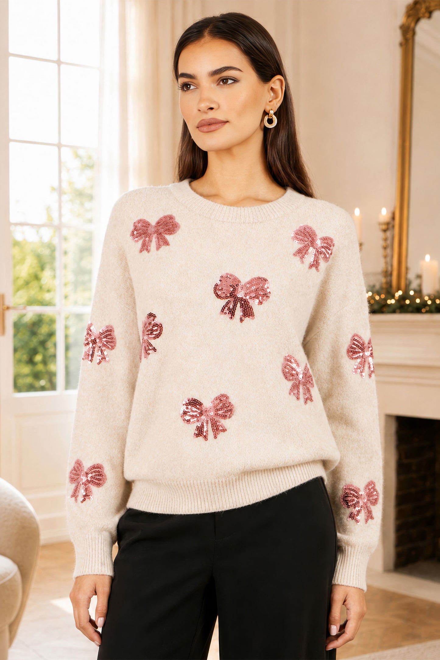 Yumi Ivory Relaxed Jumper With Sequin Bows