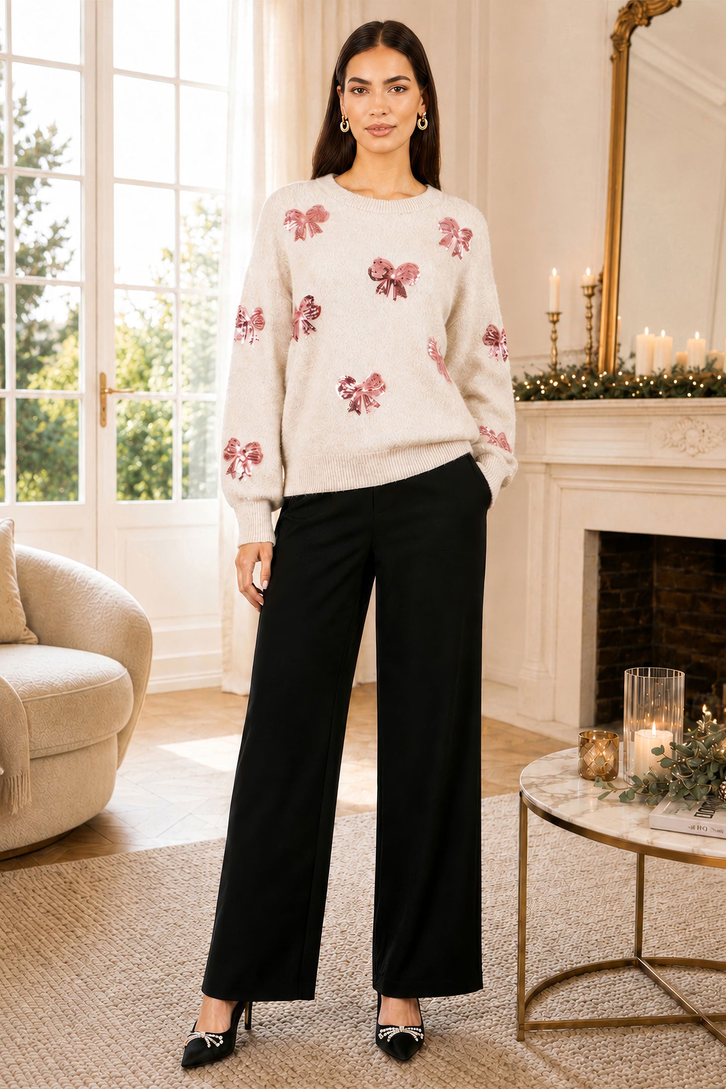 Yumi Ivory Relaxed Jumper With Sequin Bows