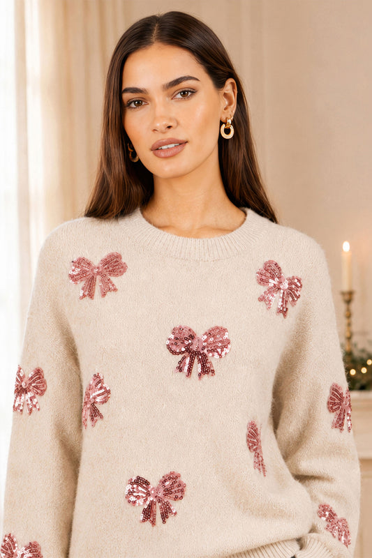 Yumi Ivory Relaxed Jumper With Sequin Bows Knit Xmas Jumper Yumi