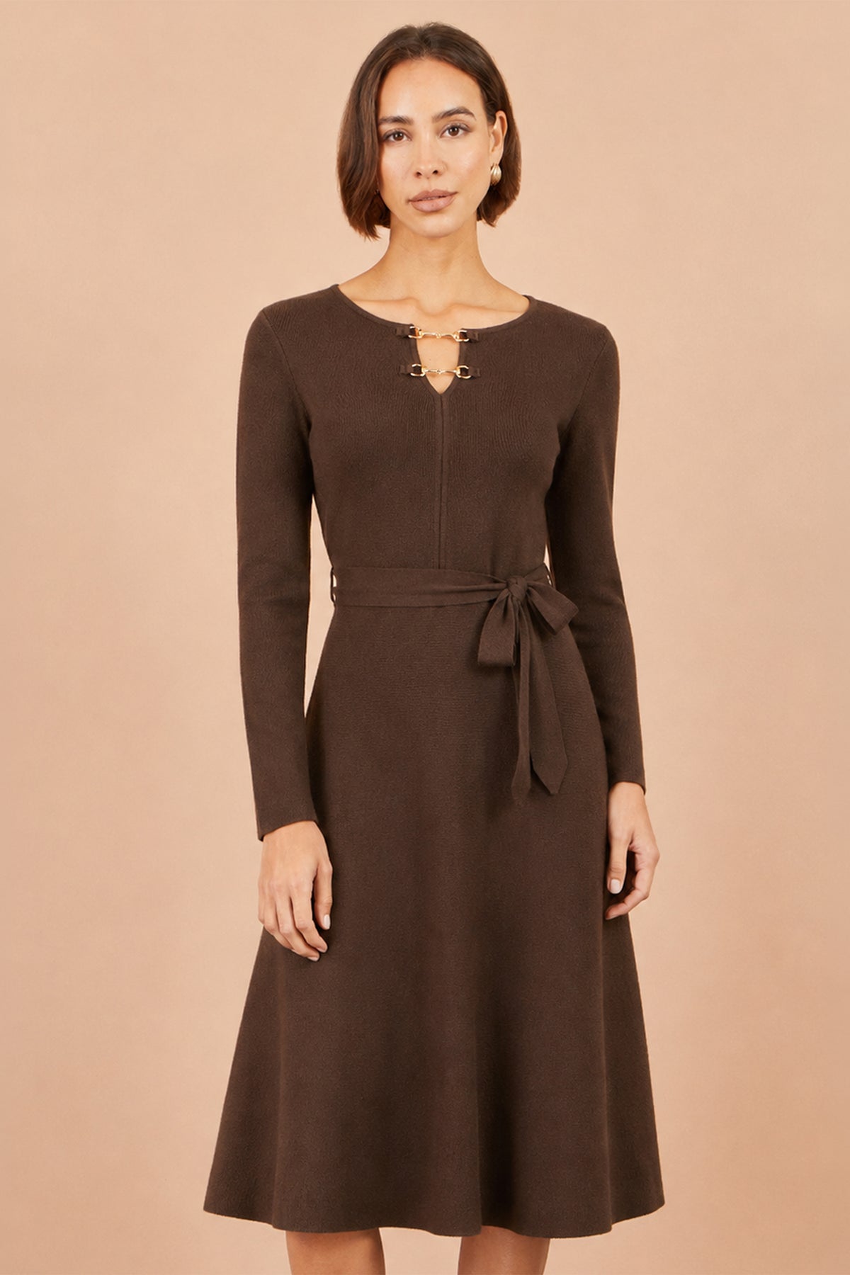 Yumi Brown Knitted Skater Dress With Buckle Detail Knit Dress Yumi