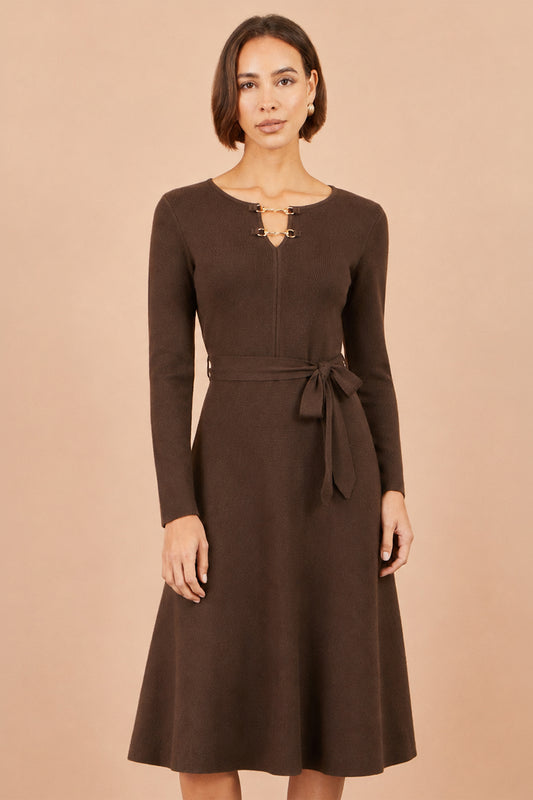 Yumi Brown Knitted Skater Dress With Buckle Detail Knit Dress Yumi