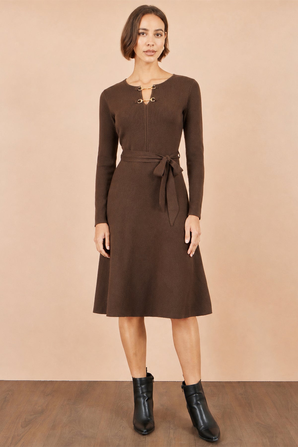 Yumi Brown Knitted Skater Dress With Buckle Detail Knit Dress Yumi