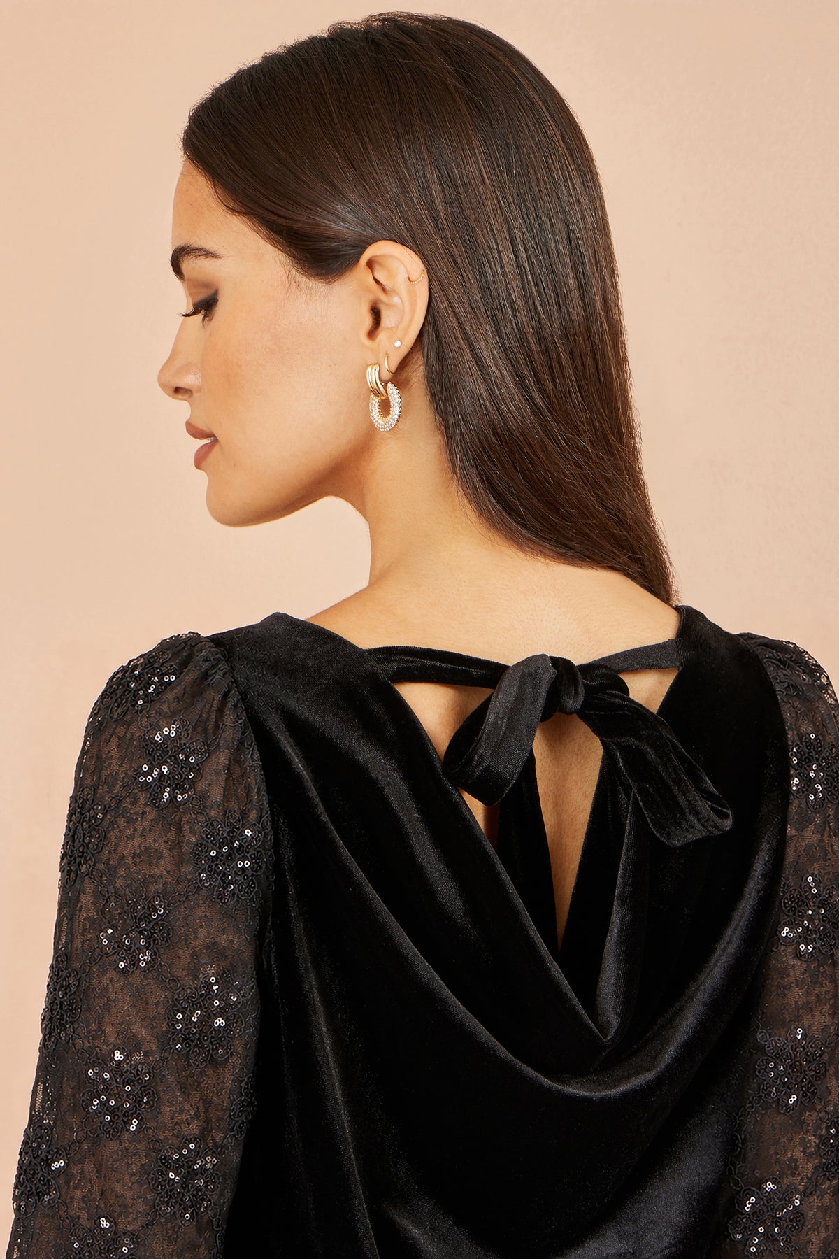 Yumi Black Velvet Lace Top With Tie Back Tops Yumi