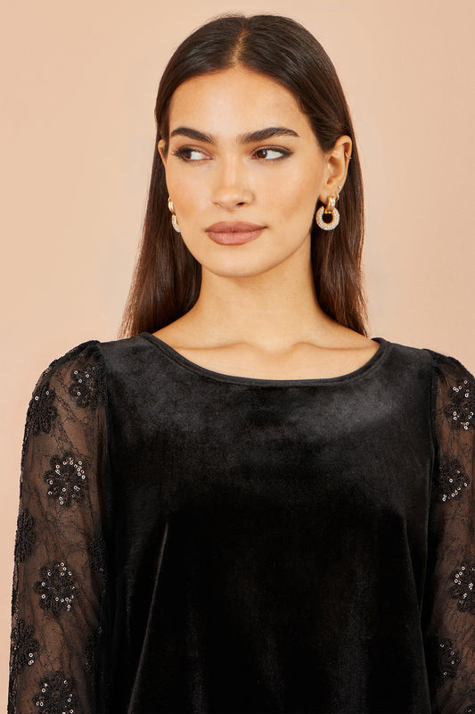 Yumi Black Velvet Lace Top With Tie Back Tops Yumi