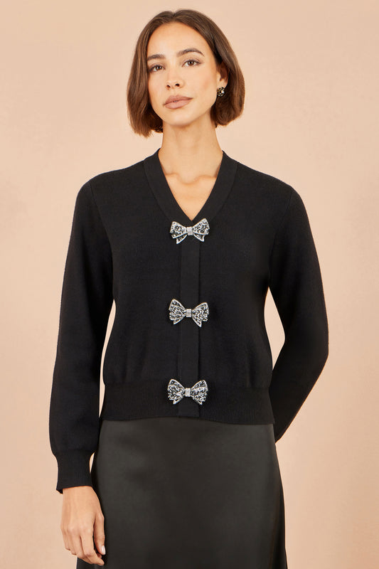 Yumi Black Sparkle Bow Cardigan Knit Jumper Yumi