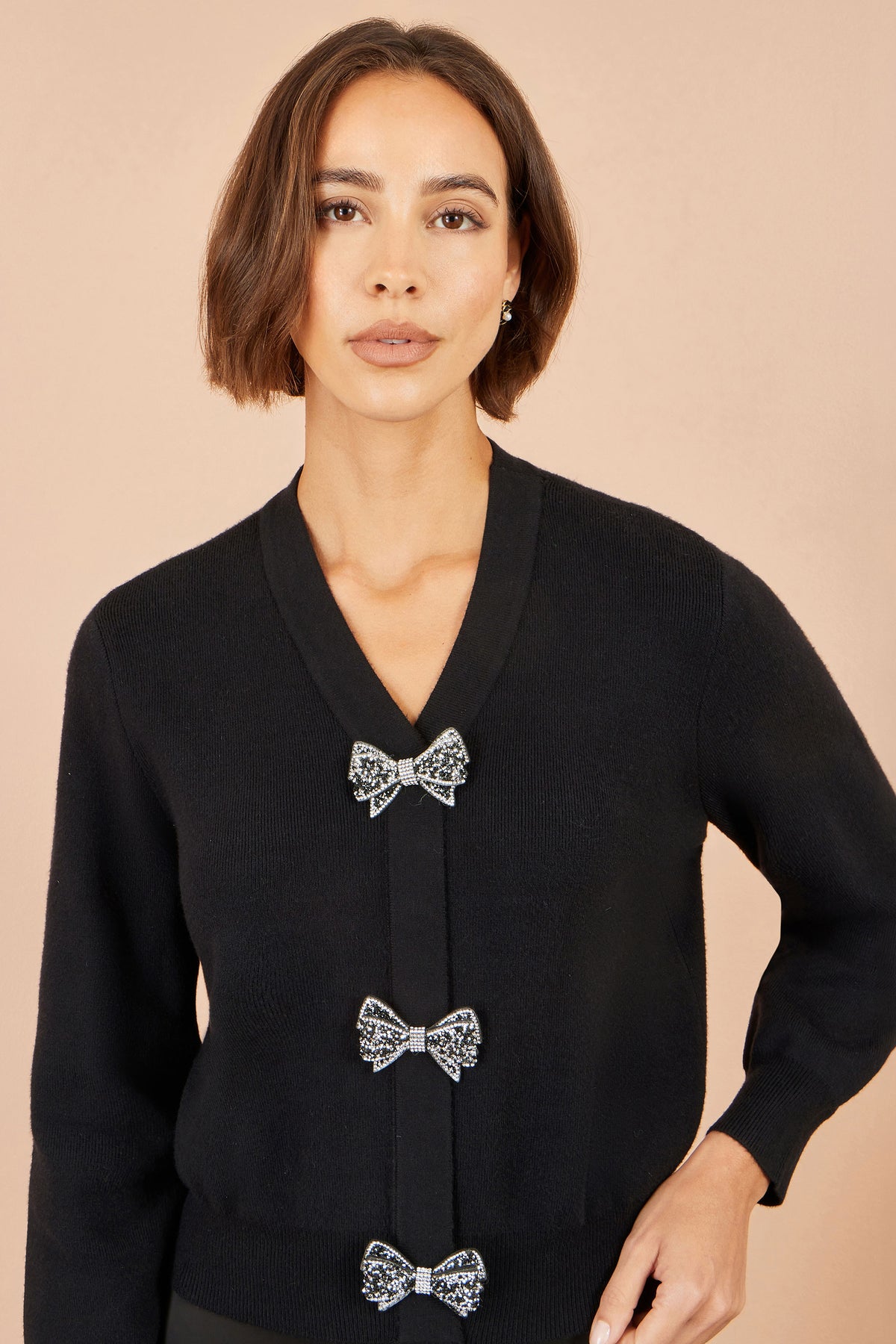 Yumi Black Sparkle Bow Cardigan Knit Jumper Yumi
