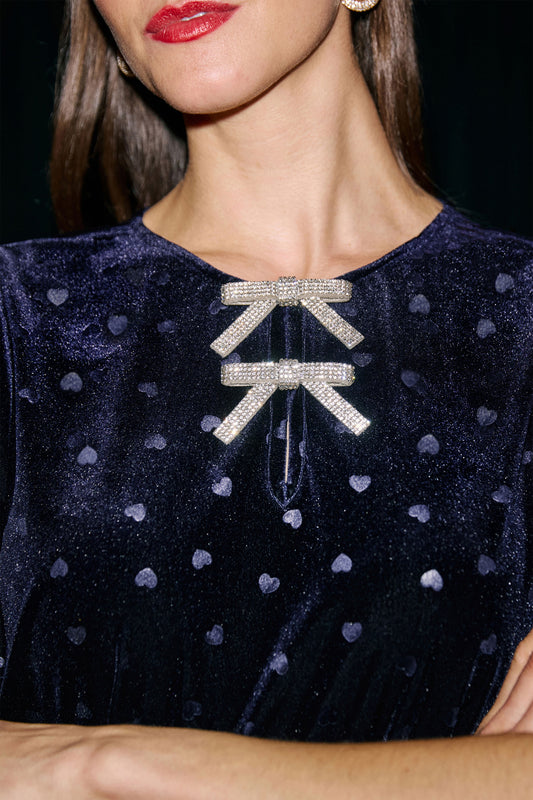 Yumi Navy Velvet Heart Top With Bow Detail Tops Yumi