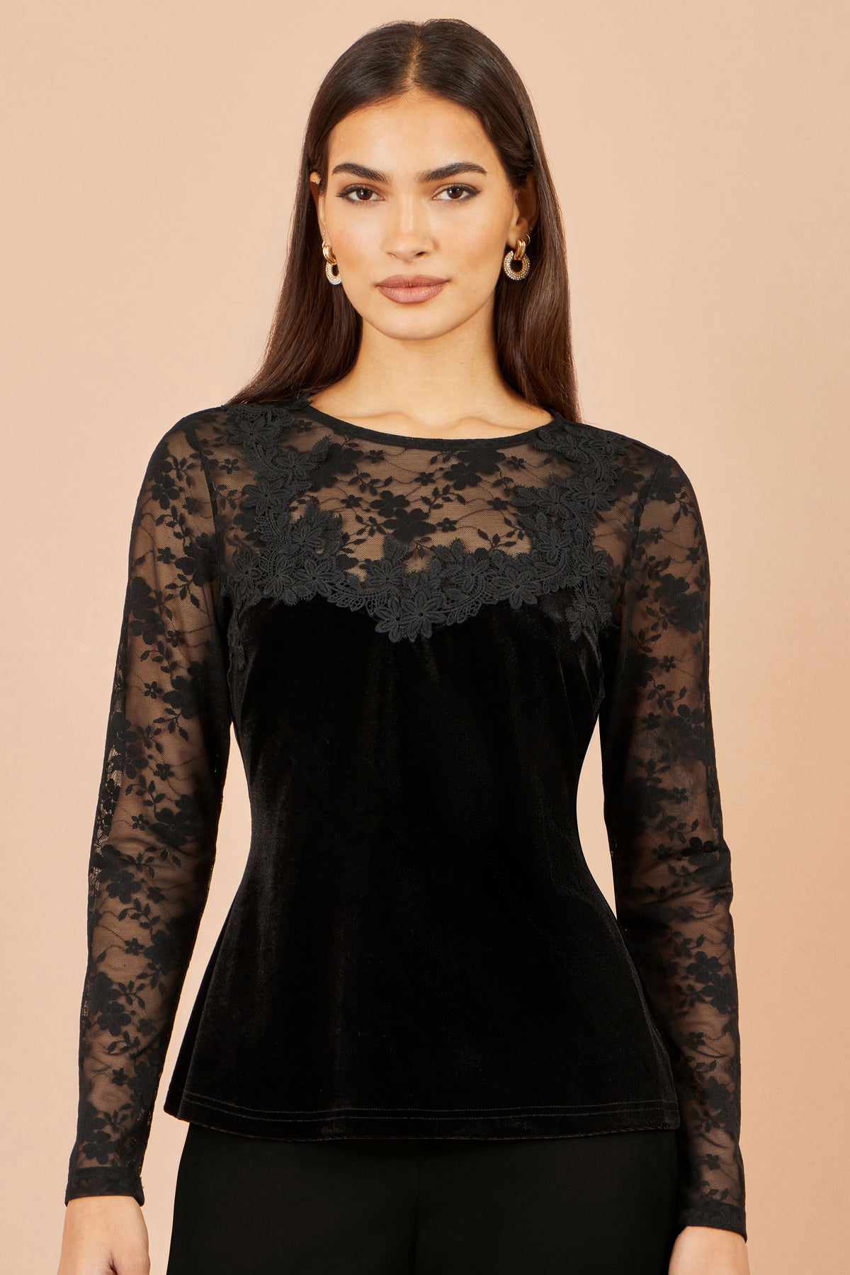 Yumi Black Lace Applique Long Sleeve Top Tops Yumi