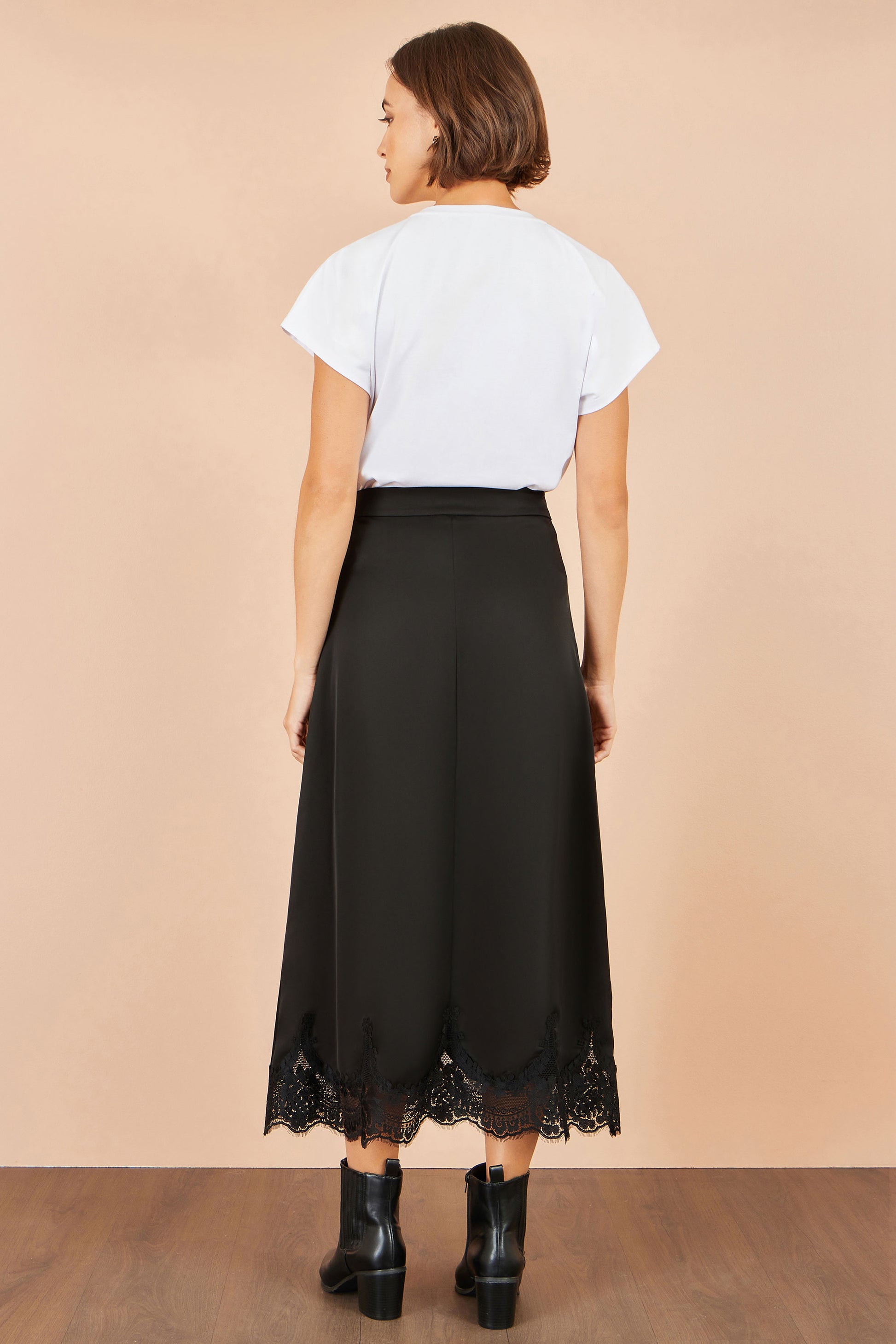 Yumi Black Satin Midi Skirt With Lace Trims Skirts Yumi