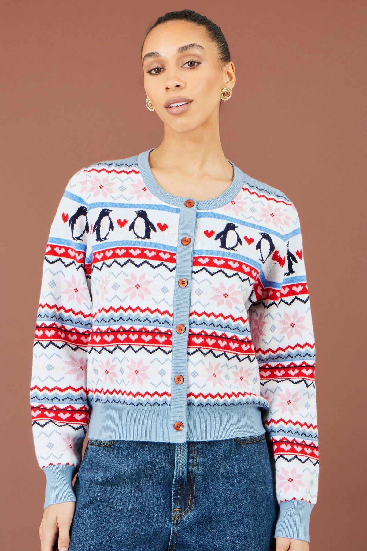 Yumi Red Penquin Fairisle Cardigan