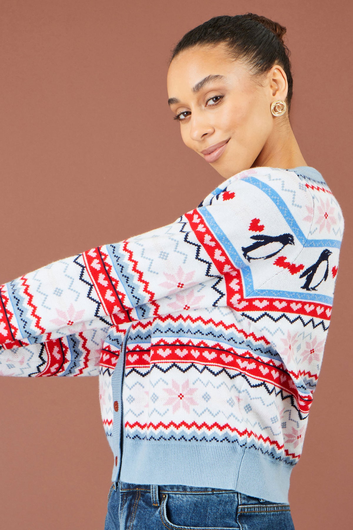 Yumi Red Penquin Fairisle Cardigan