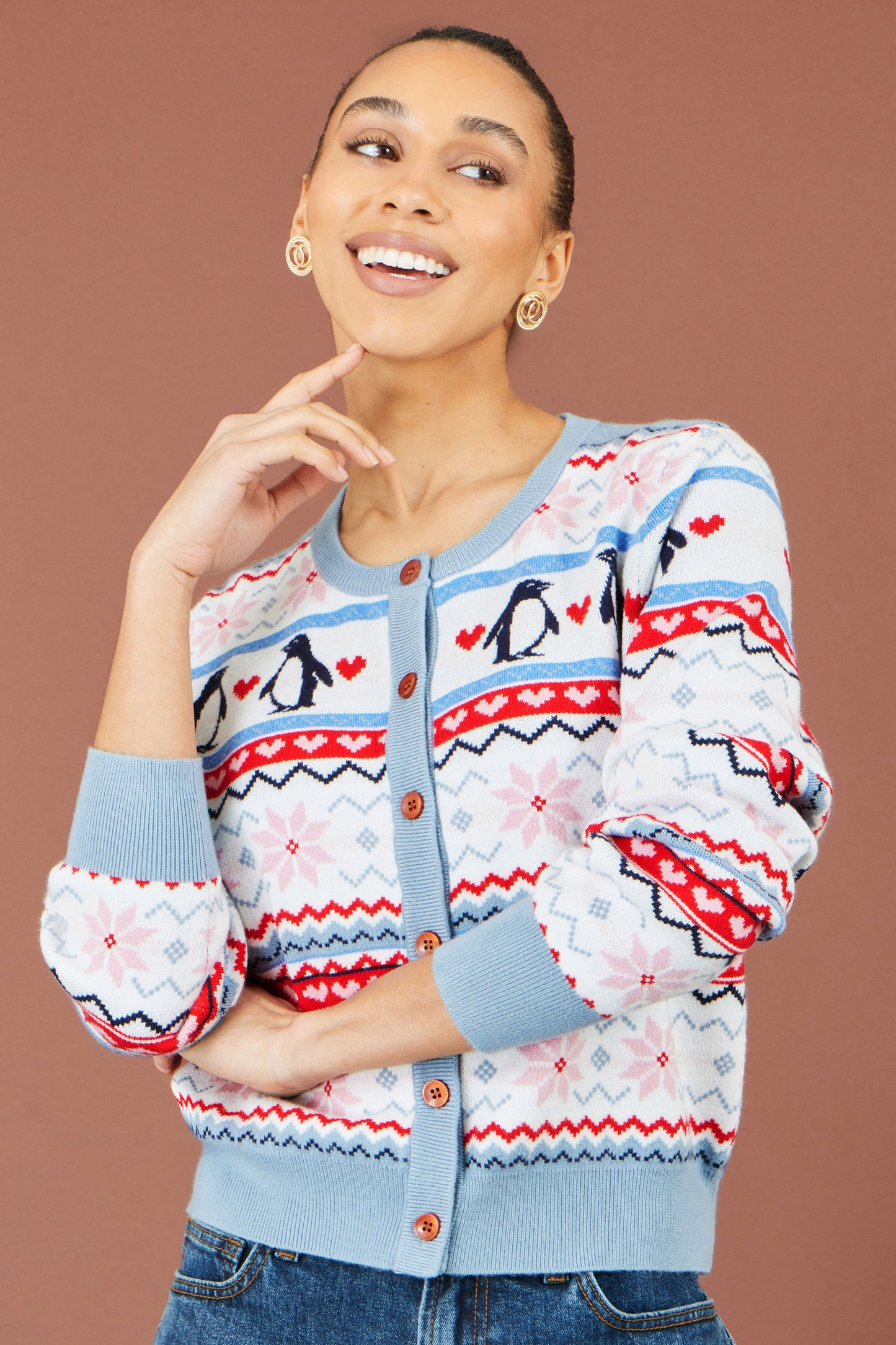 Yumi Red Penquin Fairisle Cardigan