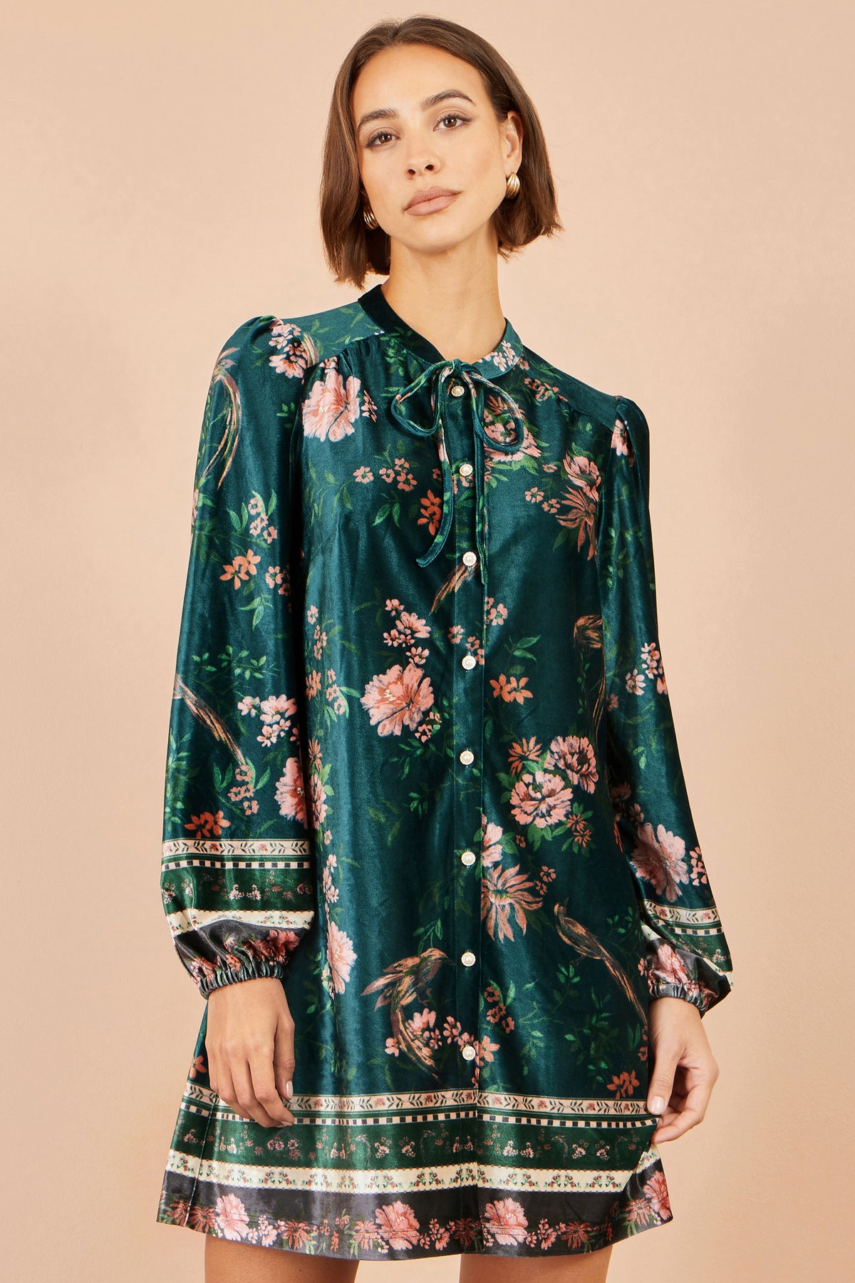 Yumi Green Printed Velvet Tunic Dress Dress Occasion Yumi