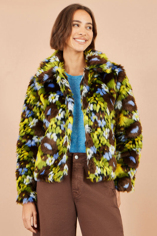 Yumi Multicolour Faux Fur Abstract Print Jacket Outerwear Yumi
