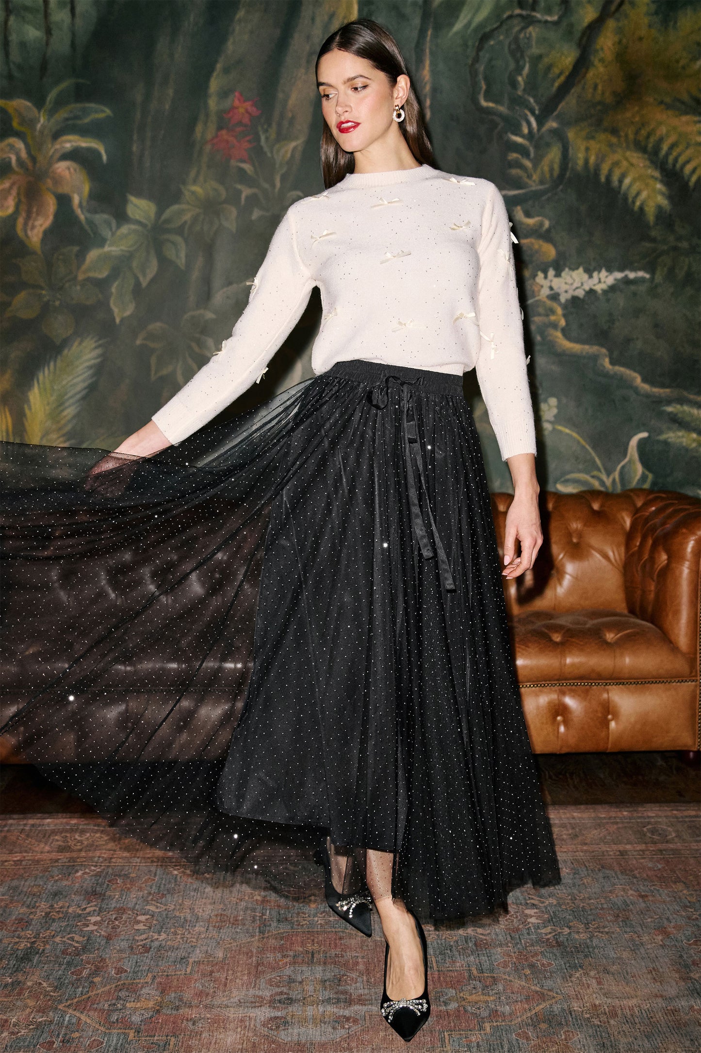 Yumi Black Diamonte Tulle Midi Skirt Skirts Yumi