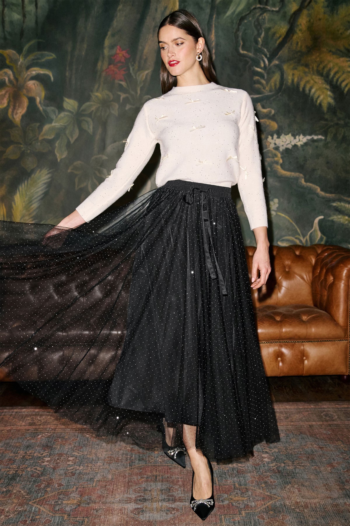 Yumi Black Diamonte Tulle Midi Skirt Skirts Yumi
