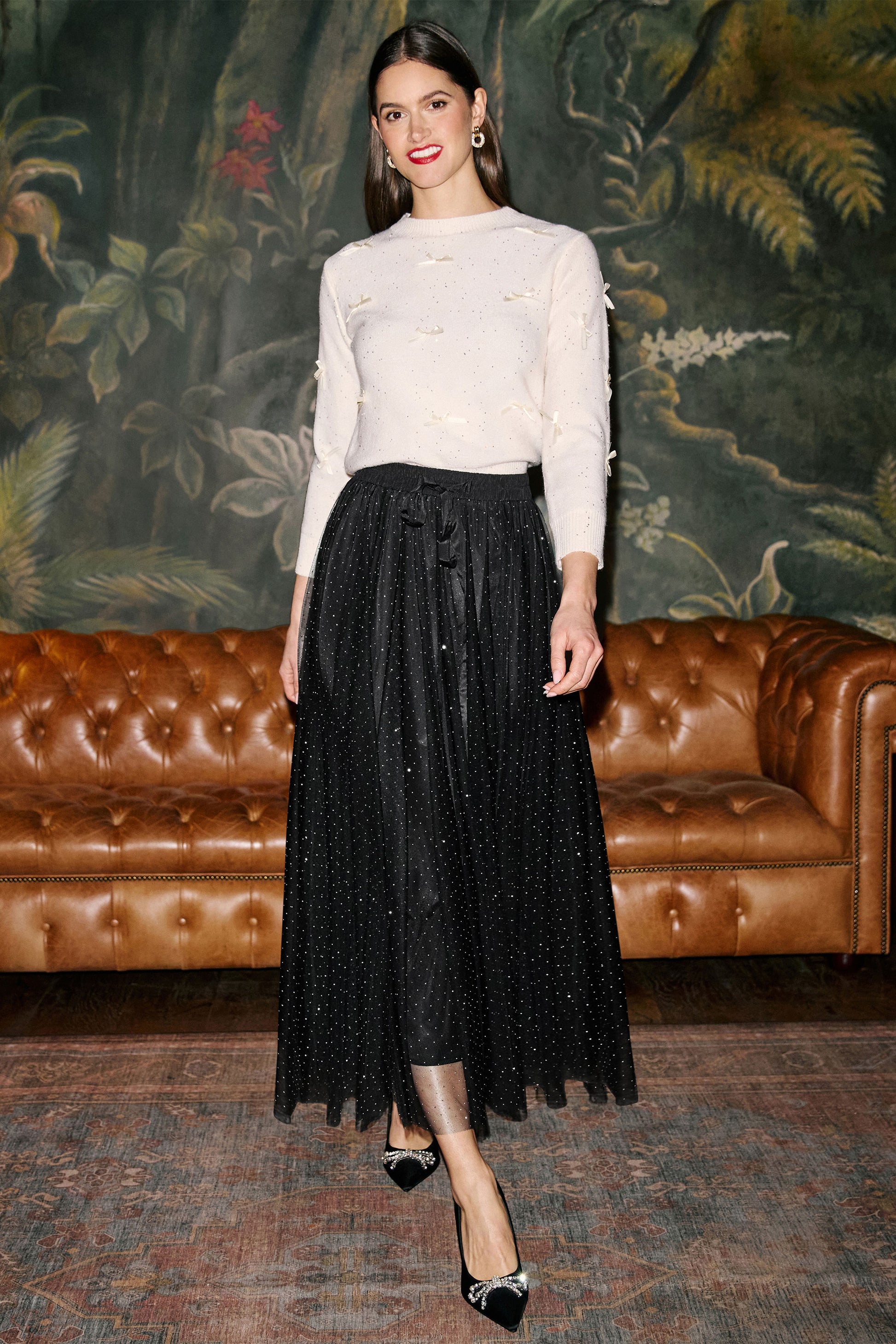 Yumi Black Diamonte Tulle Midi Skirt Skirts Yumi