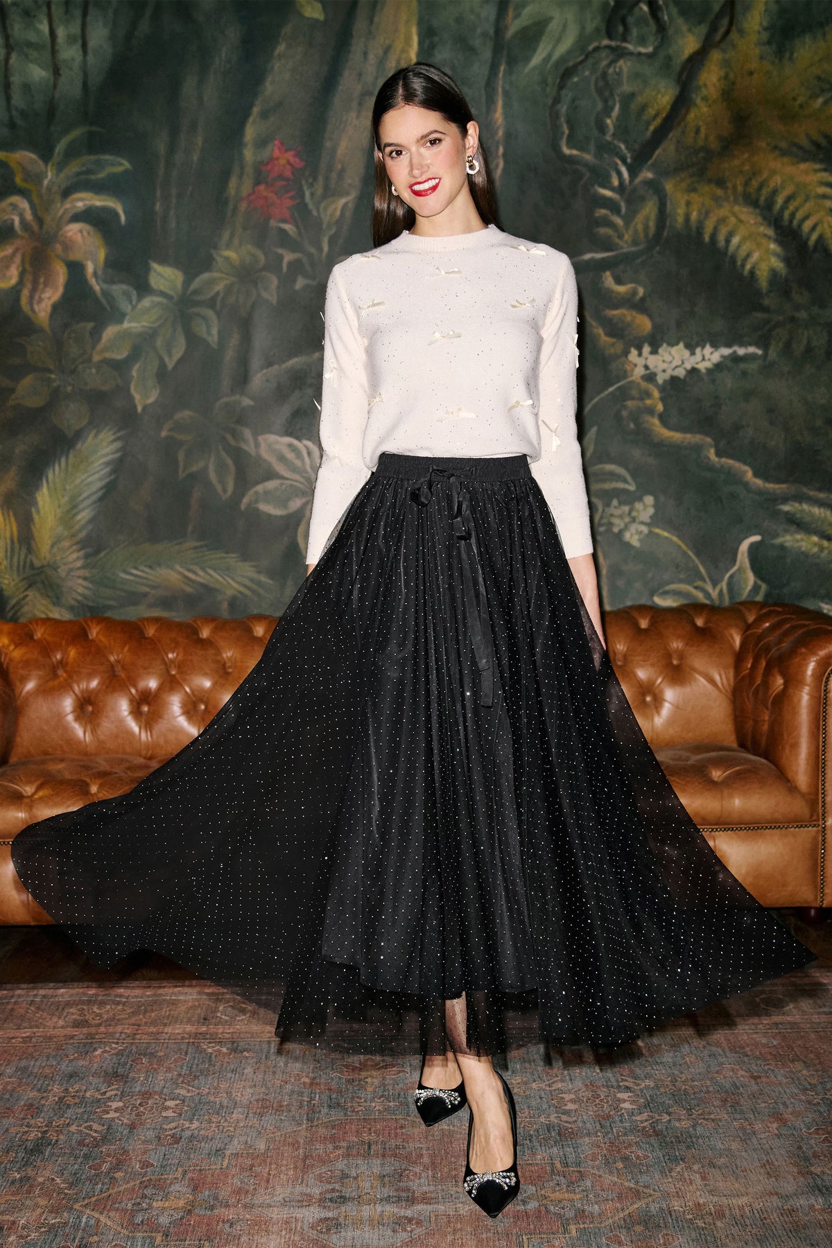 Yumi Black Diamonte Tulle Midi Skirt Skirts Yumi