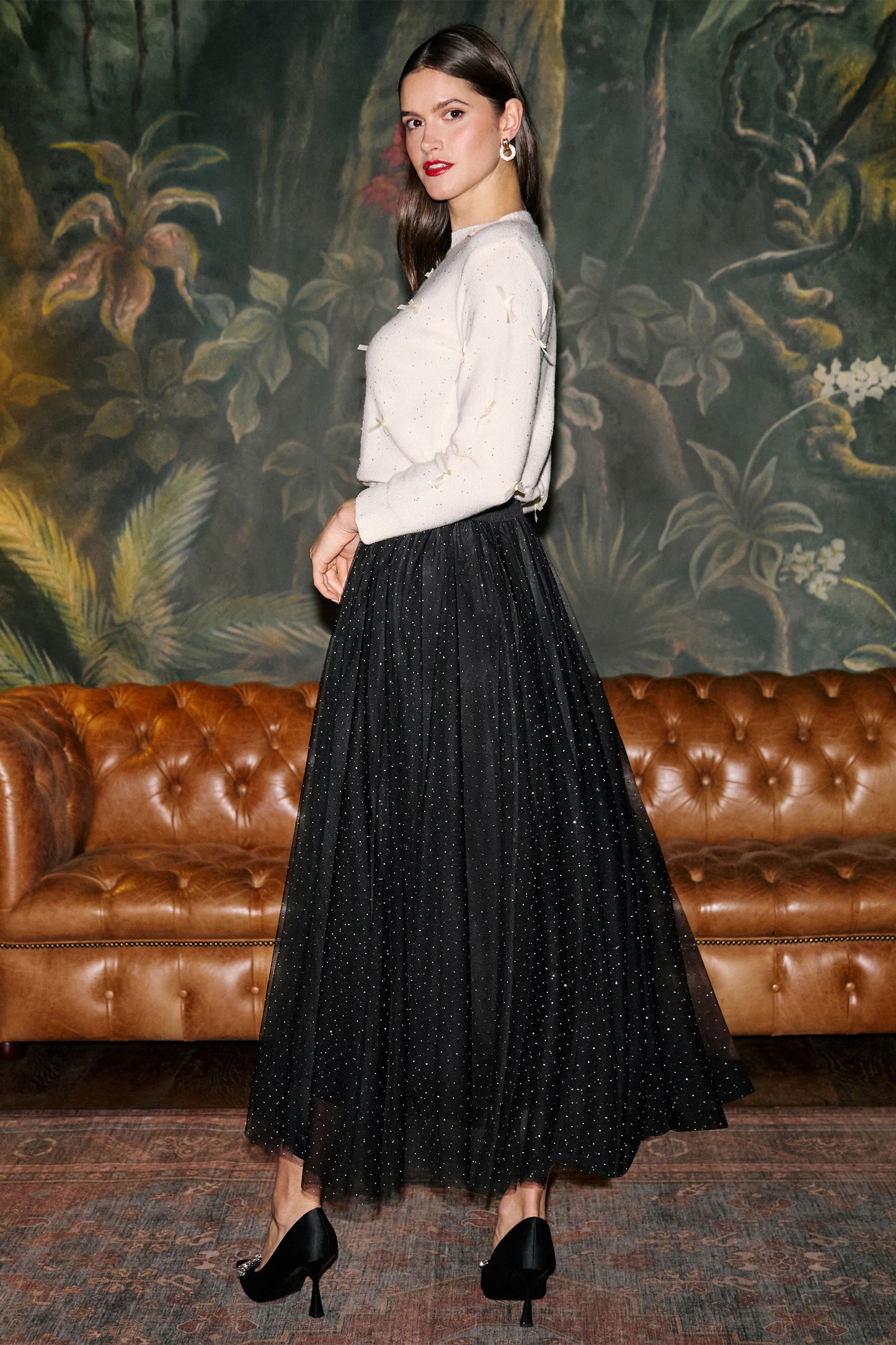 Yumi Black Diamonte Tulle Midi Skirt Skirts Yumi