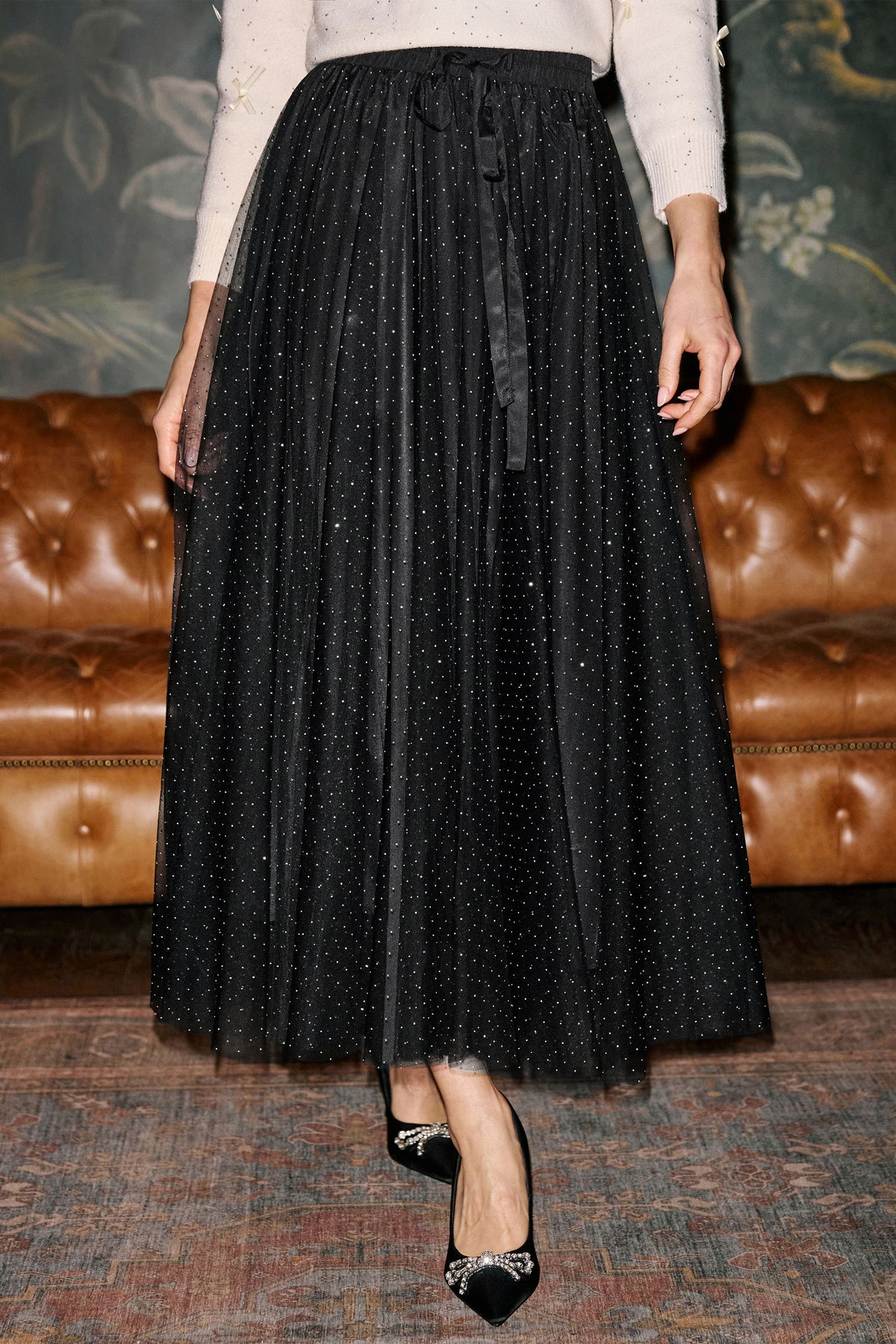 Yumi Black Diamonte Tulle Midi Skirt Skirts Yumi