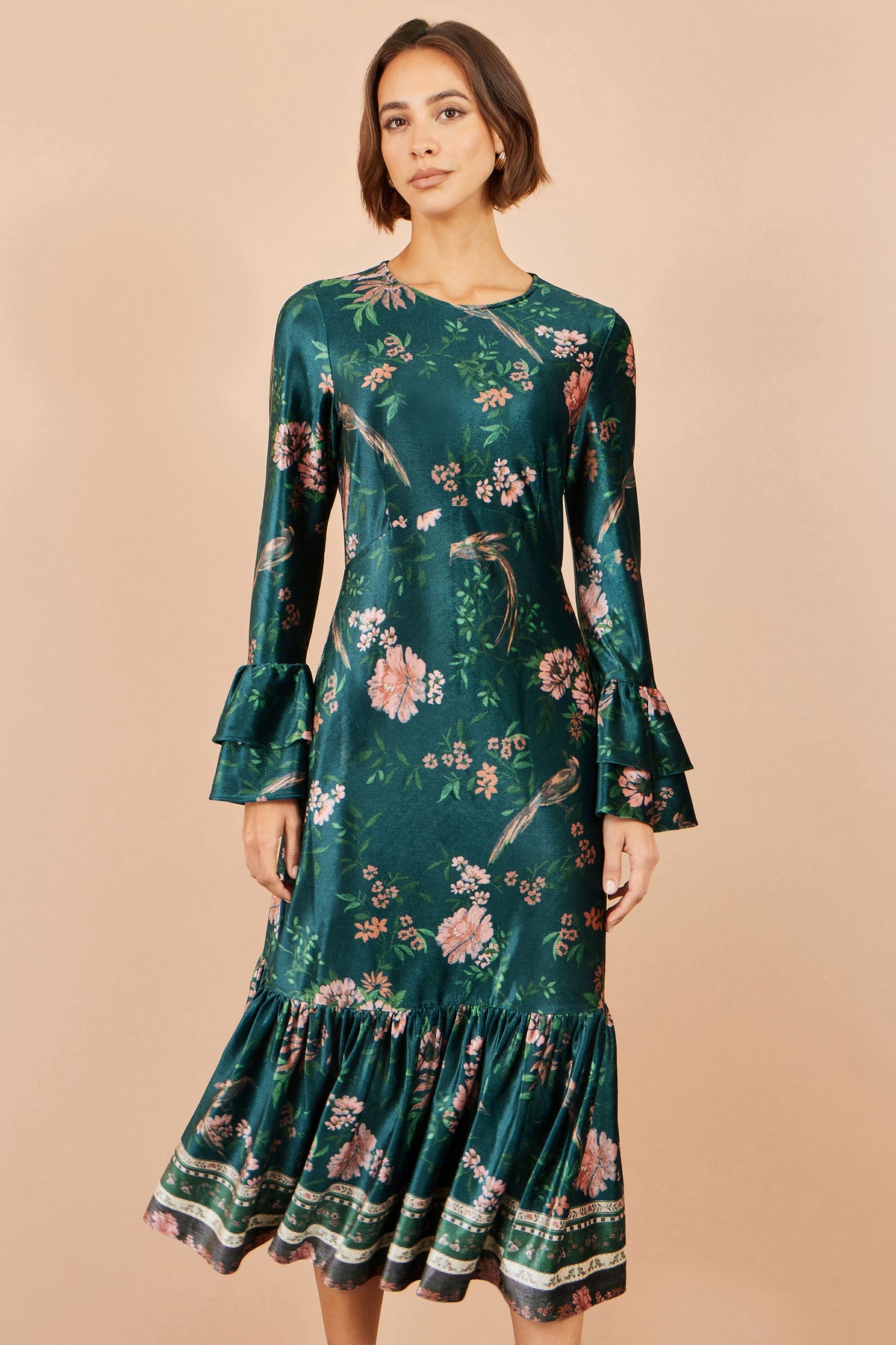 Yumi Green Printed Velvet Midi Frill Dress Dress Occasion Yumi