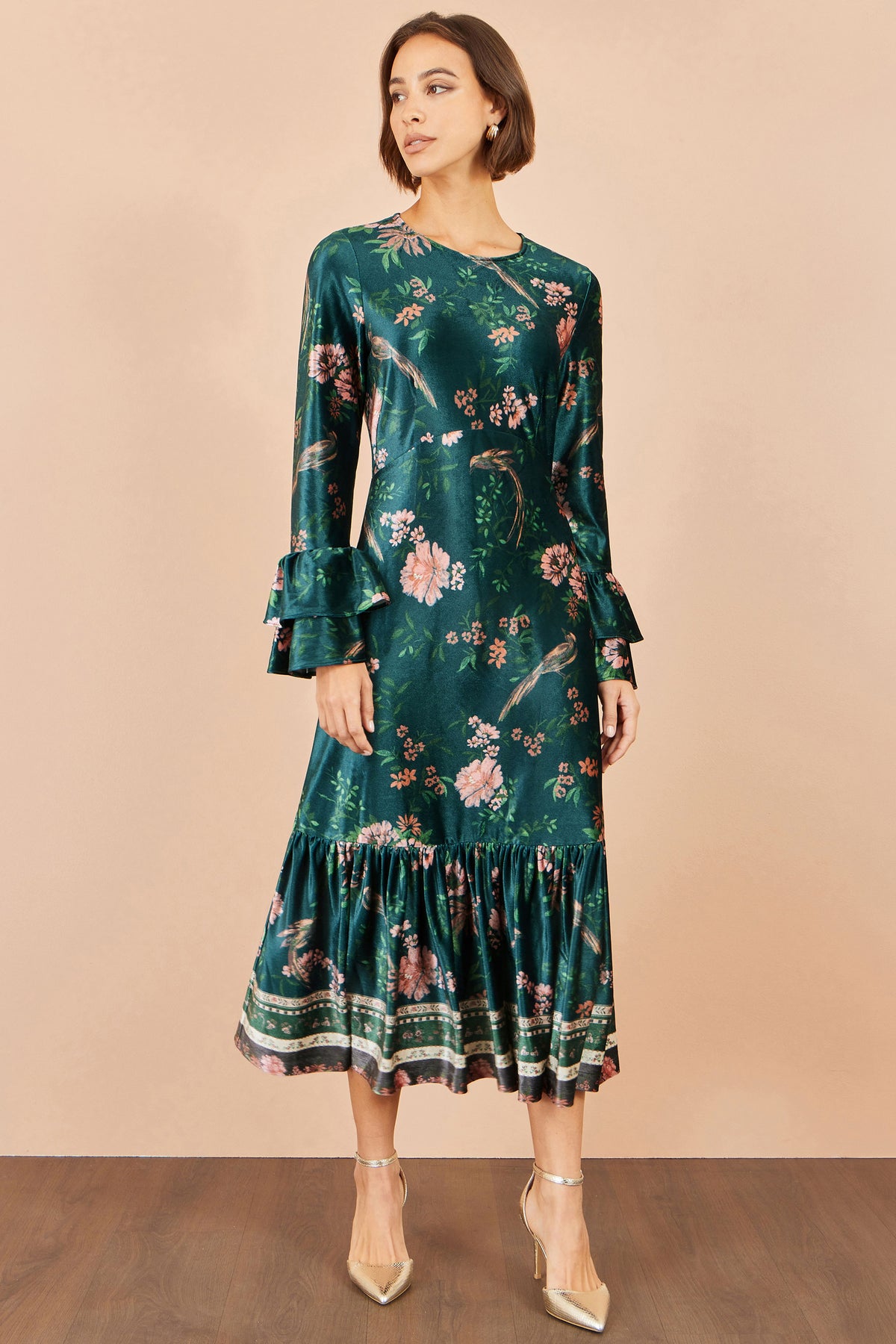 Yumi Green Printed Velvet Midi Frill Dress Dress Occasion Yumi