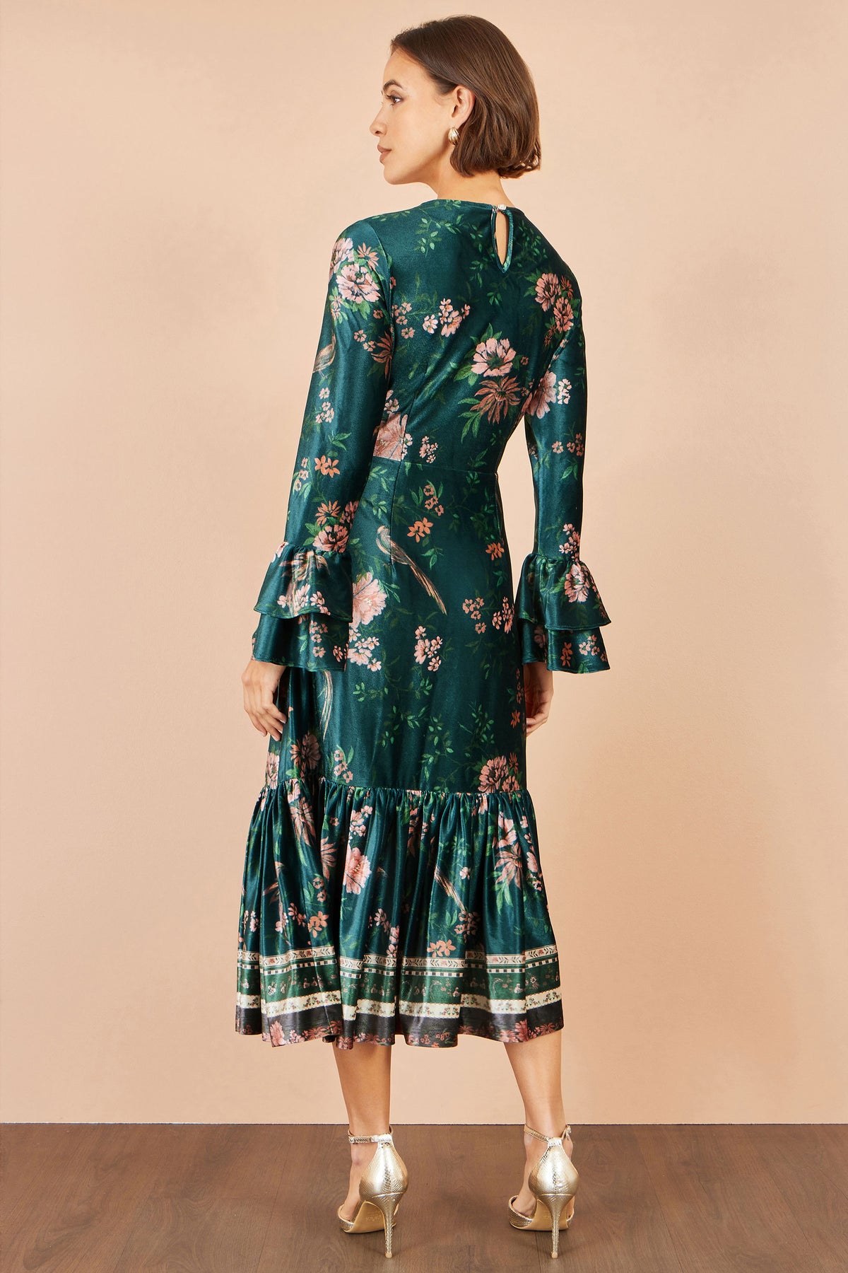 Yumi Green Printed Velvet Midi Frill Dress Dress Occasion Yumi
