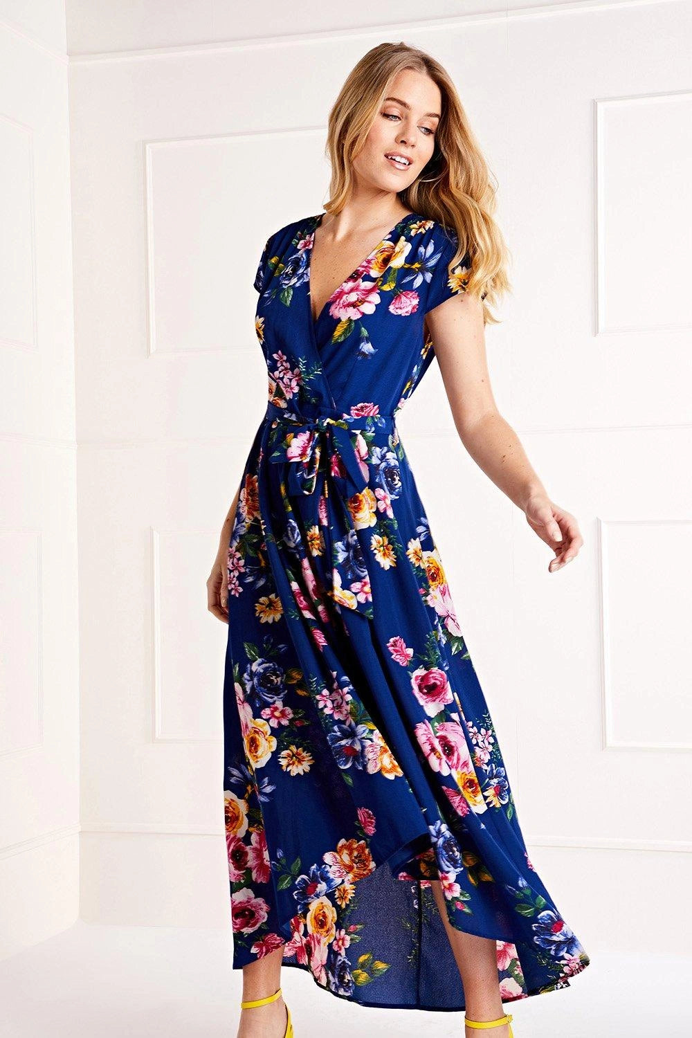 Mela Blue Floral Wrap Over Dipped Hem Midi Dress Mela