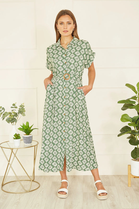 Yumi Green Viscose Midi Shirt Dress With Matching Belt Yumi