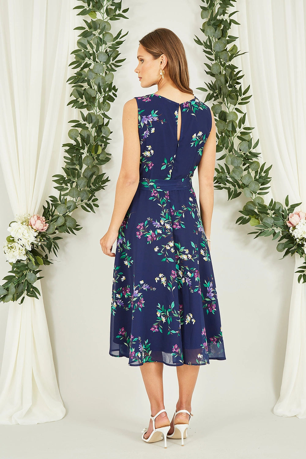 Yumi Navy Floral Print Midi Skater Dress Yumi